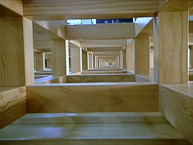 The interior view of a wooden framework, giving the impression of a hallway enclosed in thick wooden beams extending off forever.