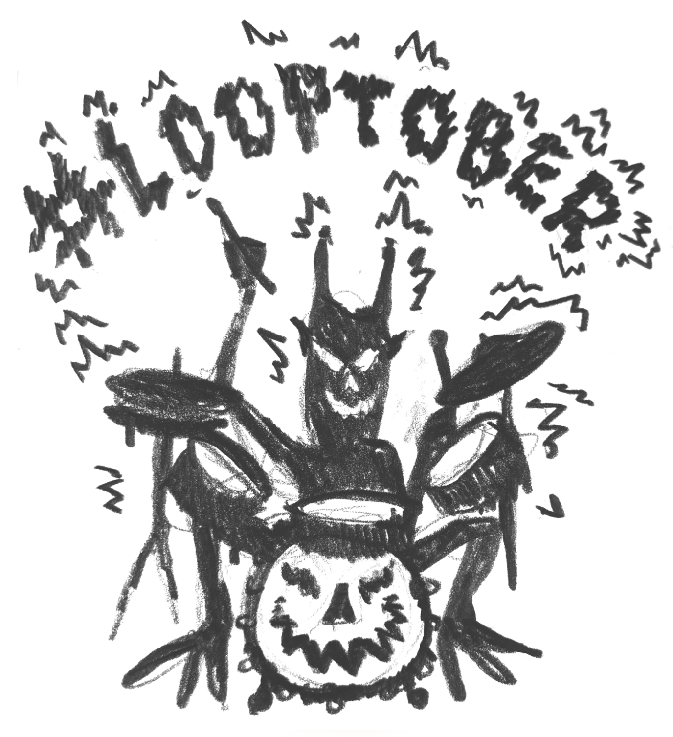 a cool pencil drawing of a demon playing drums with #looptober written above it in cool letters