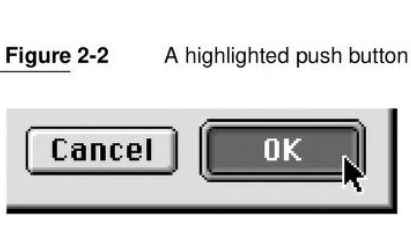 an illustration from Apple Mac OS 8 Human Interface Guidelines (1997-09-02). An example of a Cancel / OK dialog box is shown, with the user mid-click on the OK button. both rounded-rectangle buttons look like they are made of beveled plastic which squish down inverted when you touch them like a pop-its silicone fidget toy. the "default" button is lined with a little ridge to indicate that's the one that will be triggered if you just press return. both buttons have a solid black outline to make them visually distinct from the panel they're carved into, which also has a beveled edge.