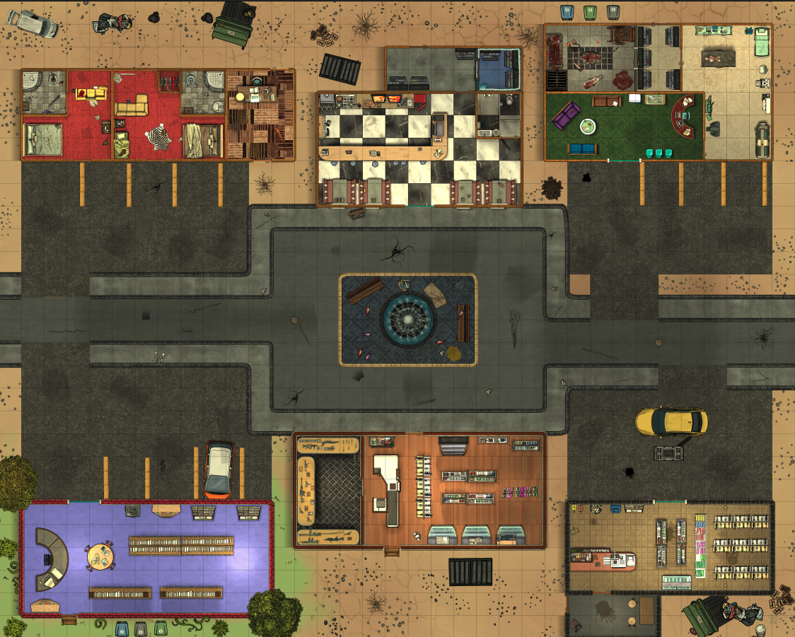 a top down battle map of a small desert town
