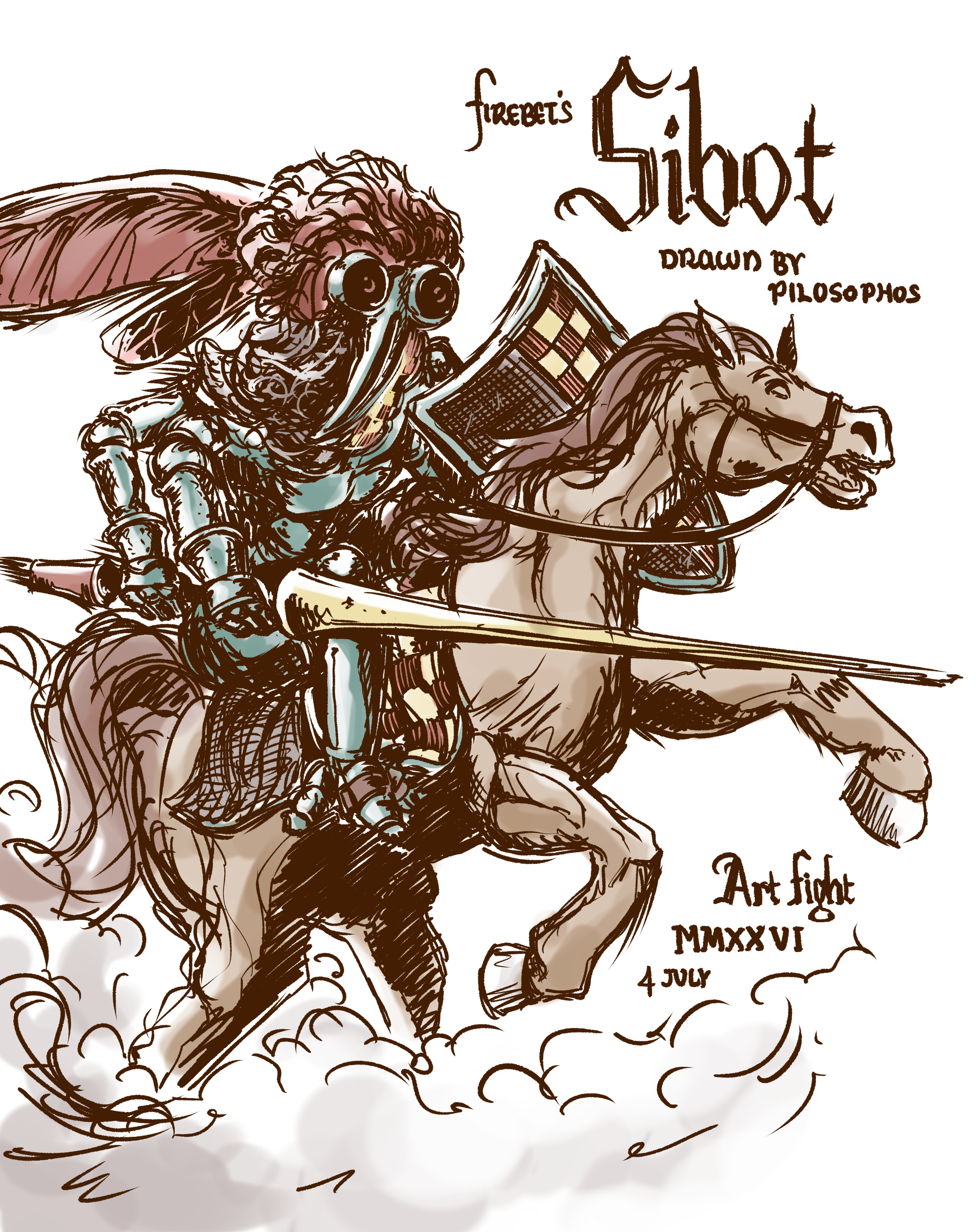 Illustration of a 4-armed monster on a horse with a lance. Text says "firebet's Sibot drawn by Pilosophos"